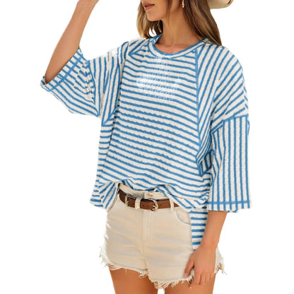 Women’s Oversized Striped Color Block Tee – Soft Summer Short Sleeve Casual Top