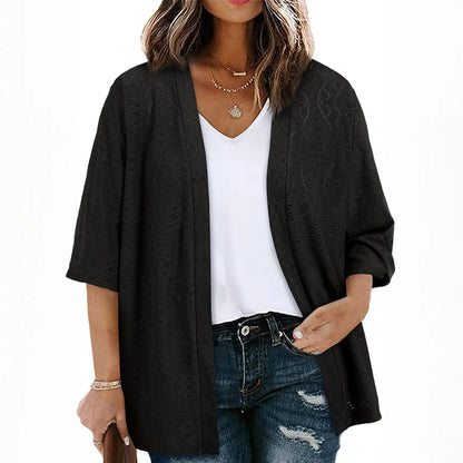 Women's Lightweight Crochet Kimono Cardigan – Open Front Half Sleeve Summer Beach Cover Up