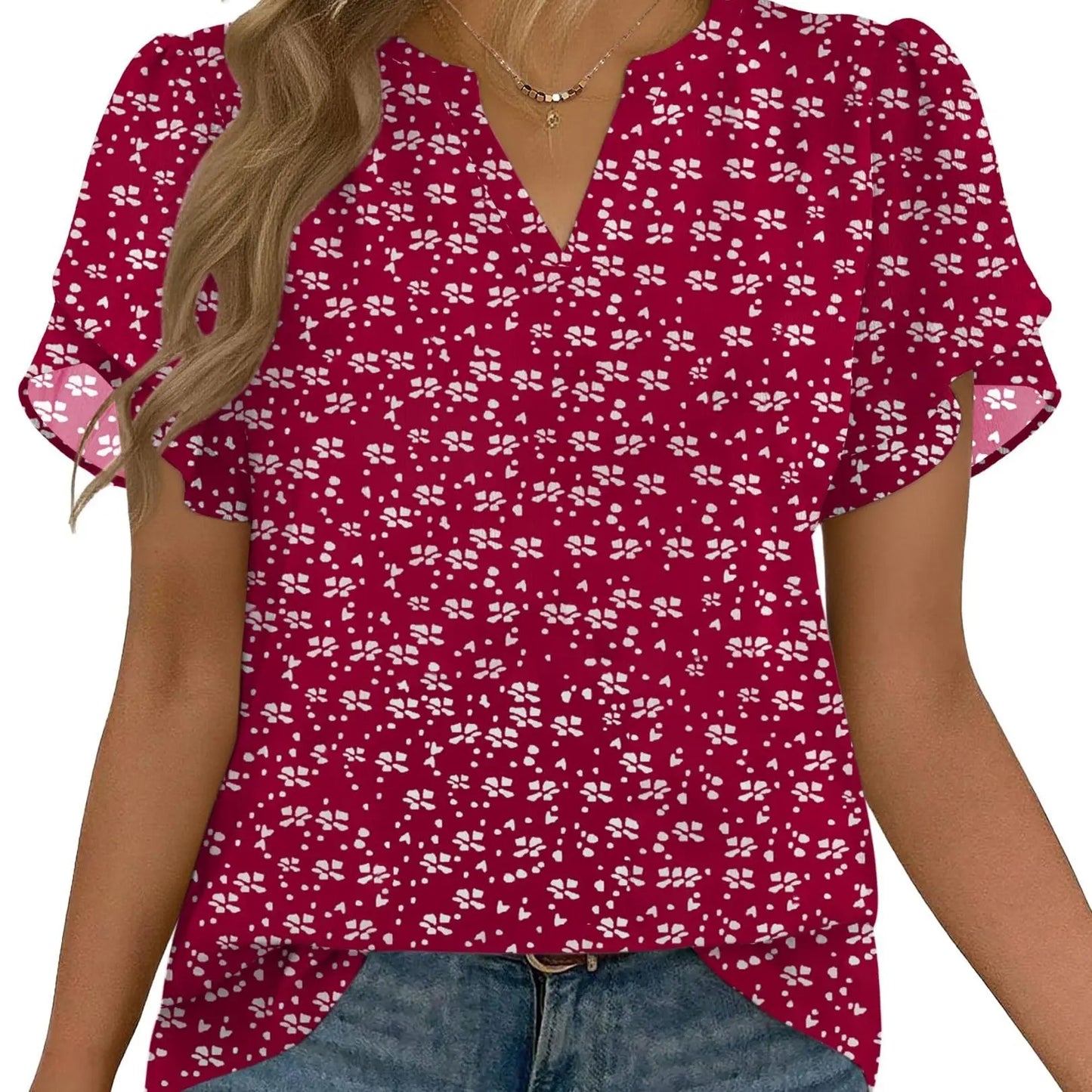 Women’s Floral Chiffon Blouse – Lightweight V-Neck Petal Sleeve Top for Work, Casual & Everyday Wear