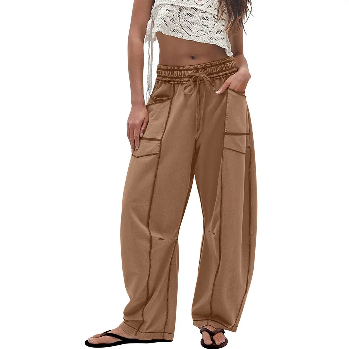 Women’s Baggy Barrel-Leg Lounge Pants – Wide Leg, Drawstring Waist & Pockets