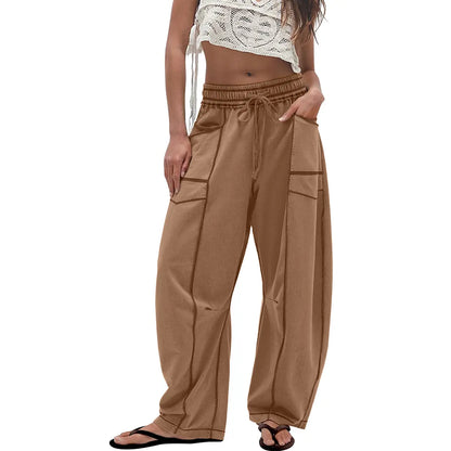 Women’s Baggy Barrel-Leg Lounge Pants – Wide Leg, Drawstring Waist & Pockets