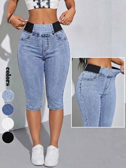Women's High Waisted Stretch Capri Jeans – Pull-On Denim Capris with Wide Elastic Waistband, Slim Fit Cropped Jeggings