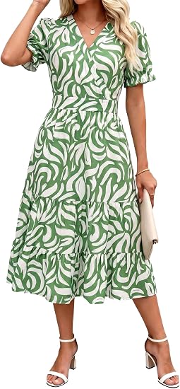 Summer Dresses Midi Dress V Neck Puffy Short Sleeve Flowy Casual Vacation Beach Sundresses 2026 with Pockets
