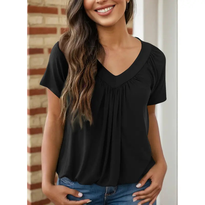 Women’s Casual V Neck Short Sleeve Top – Soft Loose Fit Pleated Summer Tee