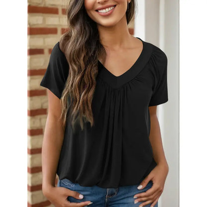 Women’s Casual V Neck Short Sleeve Top – Soft Loose Fit Pleated Summer Tee