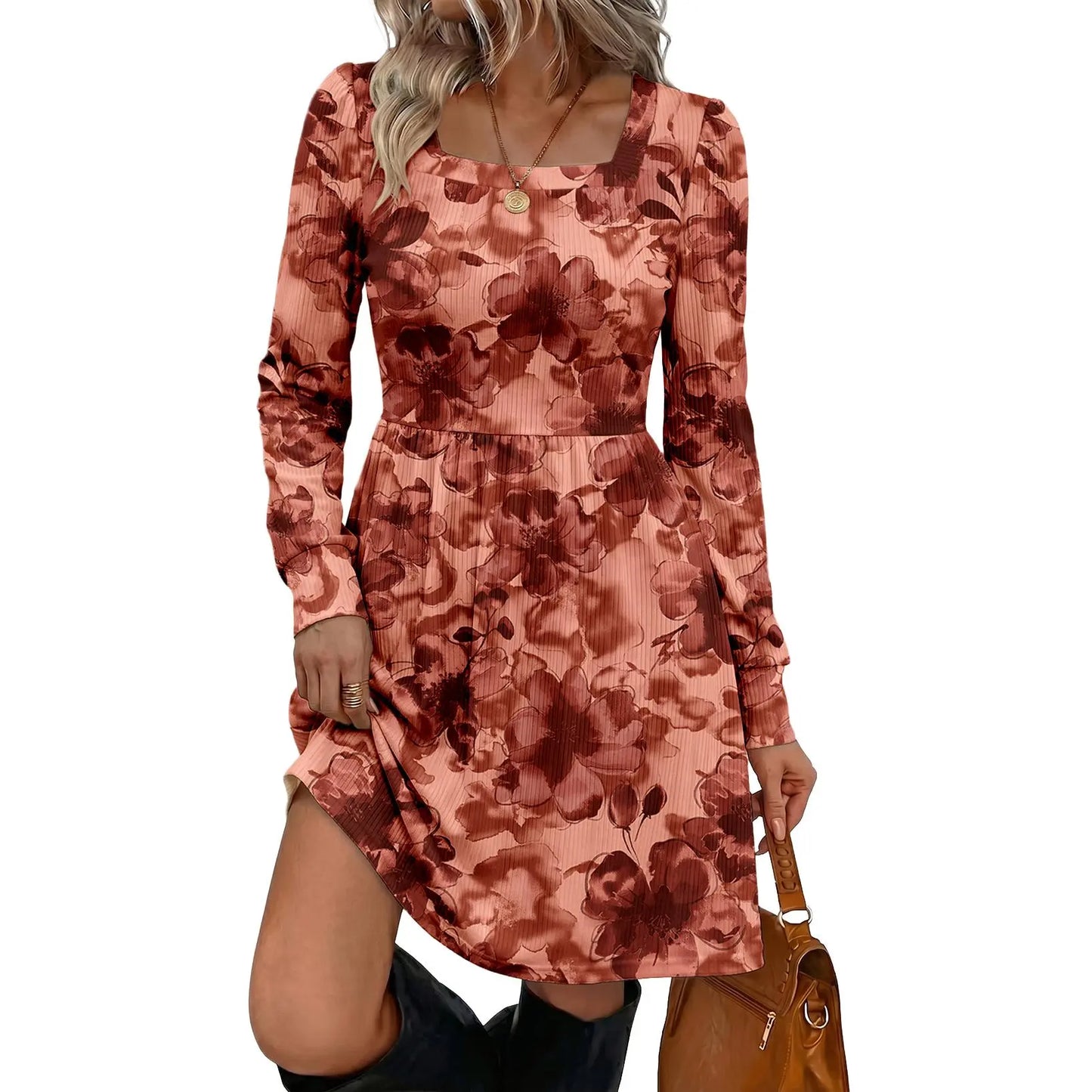 Women's Boho Floral Mini Dress – Long Sleeve Square Neck Empire Waist Flowy Casual Dress