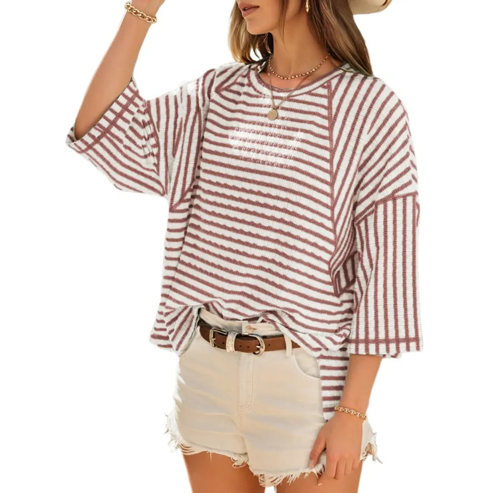 Women’s Oversized Striped Color Block Tee – Soft Summer Short Sleeve Casual Top