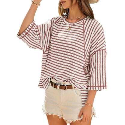 Women’s Oversized Striped Color Block Tee – Soft Summer Short Sleeve Casual Top