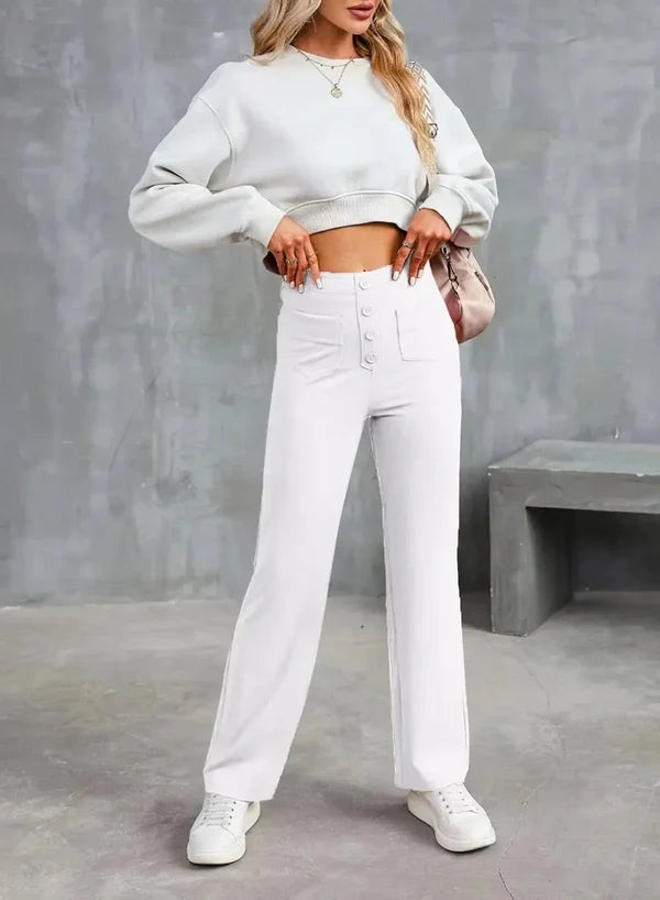 Women’s High-Waisted Stretch Pants – Comfortable Straight-Leg Pants with Pockets
