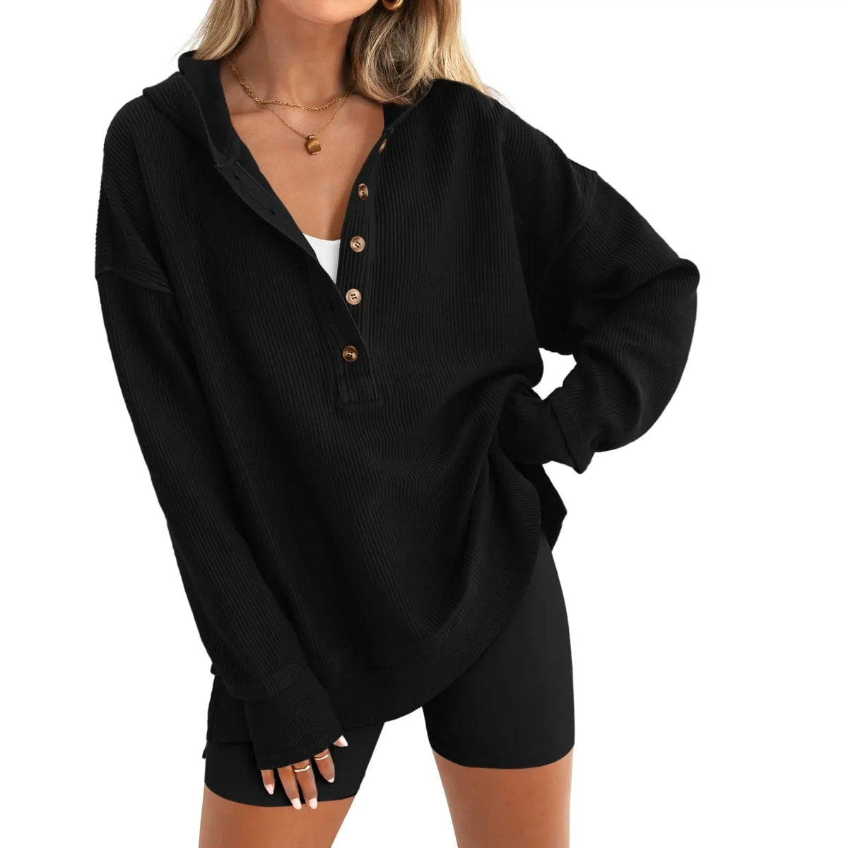 Women's Oversized V-Neck Hoodie – Relaxed Button Pullover with Side Slits