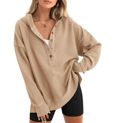 Women's Oversized V-Neck Hoodie – Relaxed Button Pullover with Side Slits