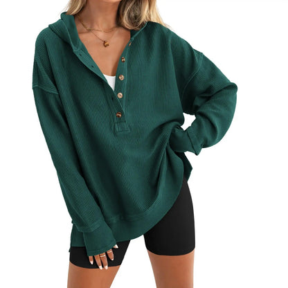 Women's Oversized V-Neck Hoodie – Relaxed Button Pullover with Side Slits