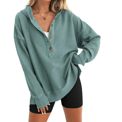 Women's Oversized V-Neck Hoodie – Relaxed Button Pullover with Side Slits