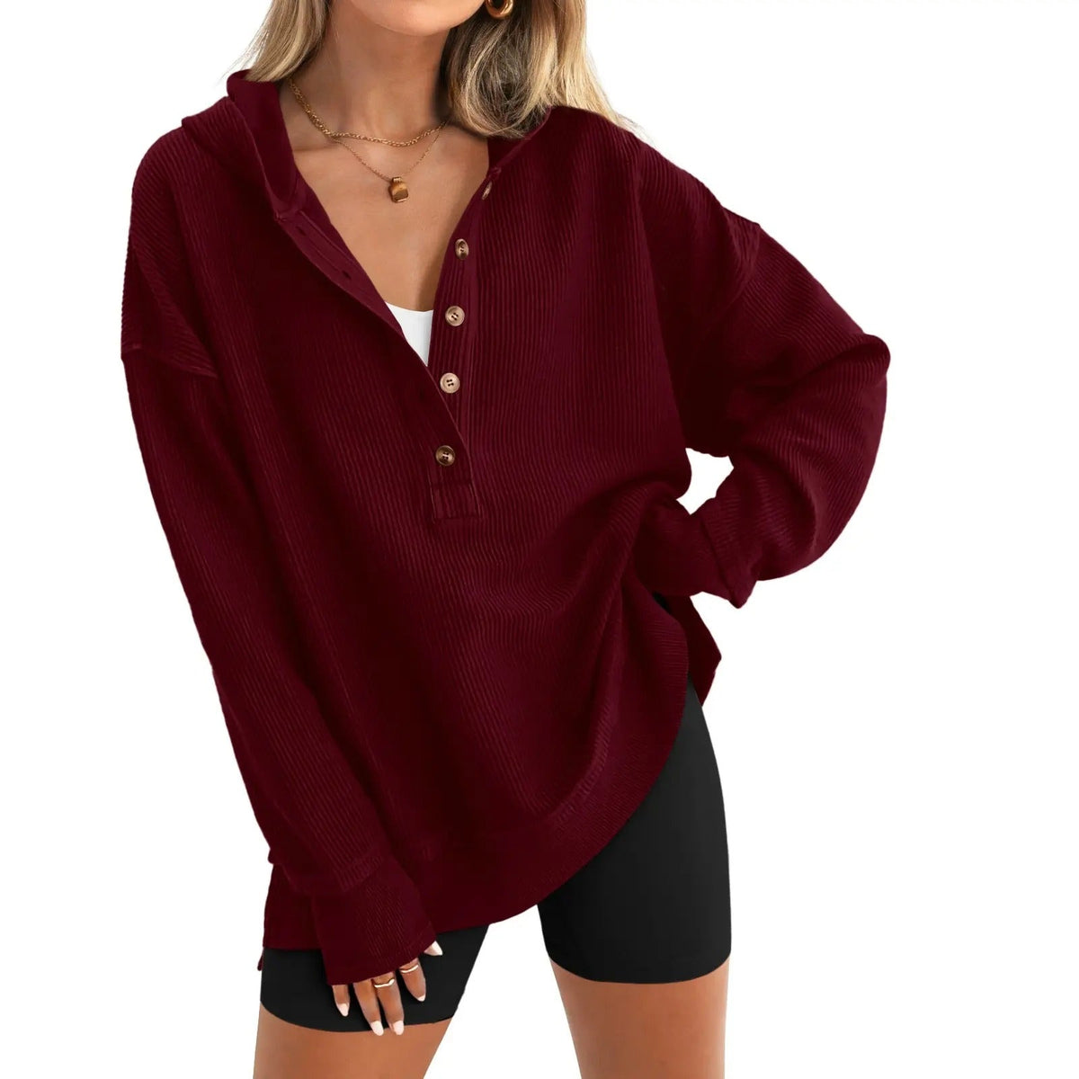 Women's Oversized V-Neck Hoodie – Relaxed Button Pullover with Side Slits