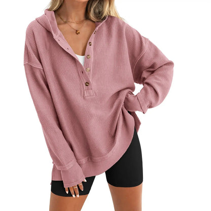 Women's Oversized V-Neck Hoodie – Relaxed Button Pullover with Side Slits