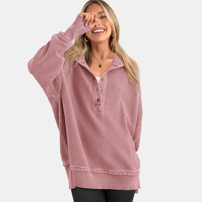 Women's Oversized V-Neck Hoodie – Relaxed Button Pullover with Side Slits