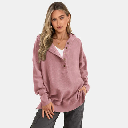 Women's Oversized V-Neck Hoodie – Relaxed Button Pullover with Side Slits
