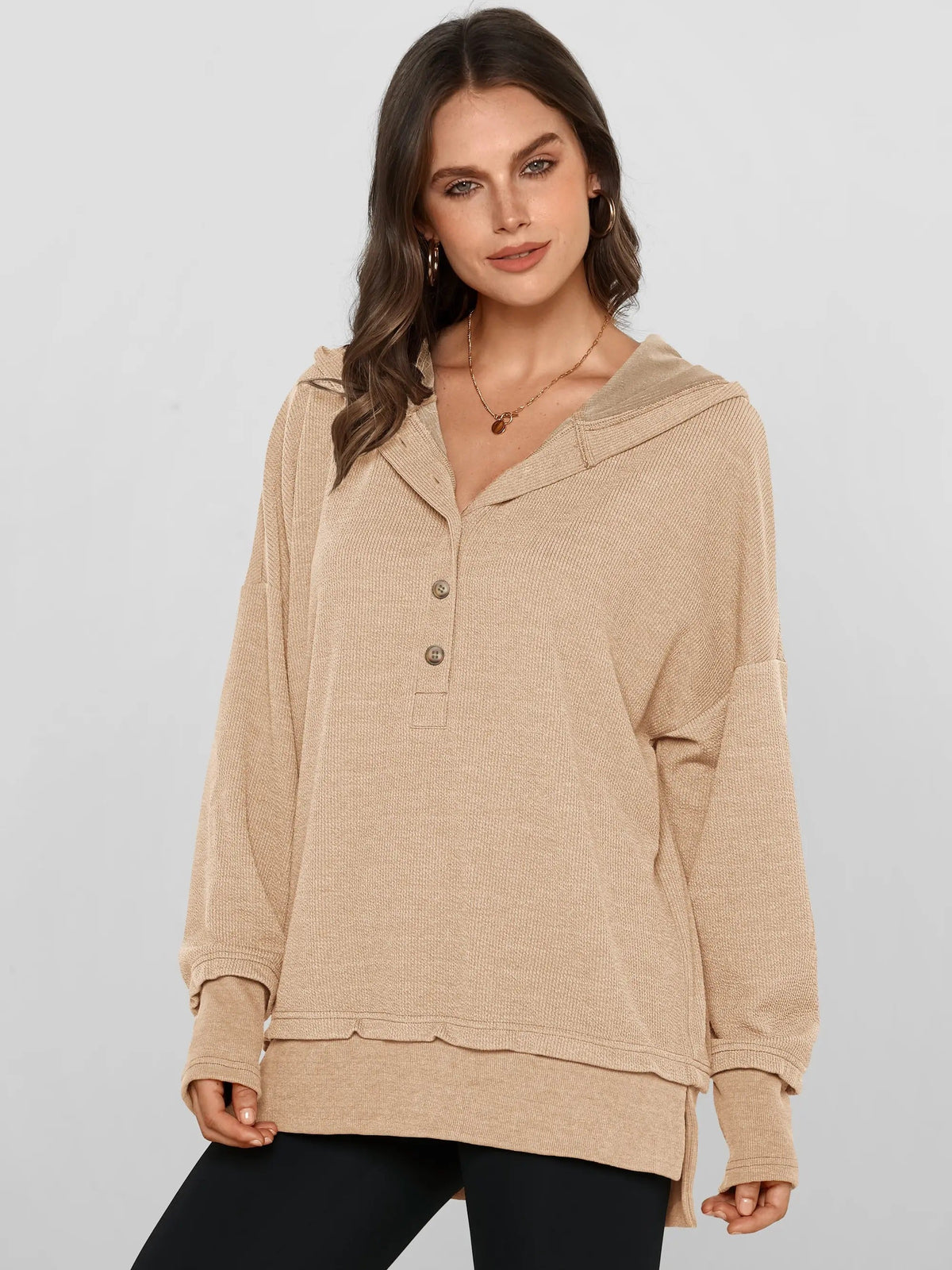 Women's Oversized V-Neck Hoodie – Relaxed Button Pullover with Side Slits