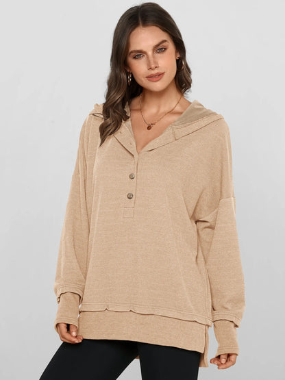 Women's Oversized V-Neck Hoodie – Relaxed Button Pullover with Side Slits