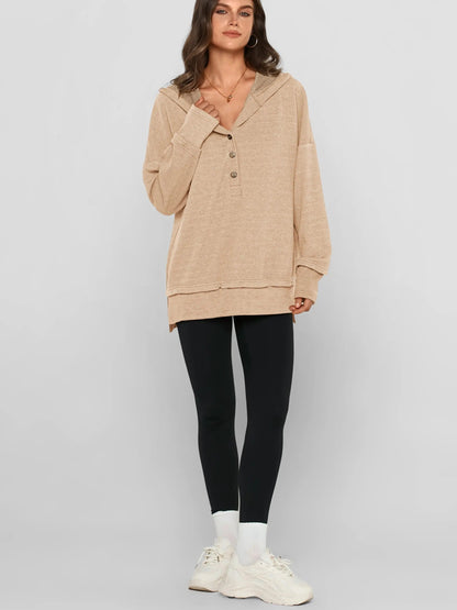 Women's Oversized V-Neck Hoodie – Relaxed Button Pullover with Side Slits