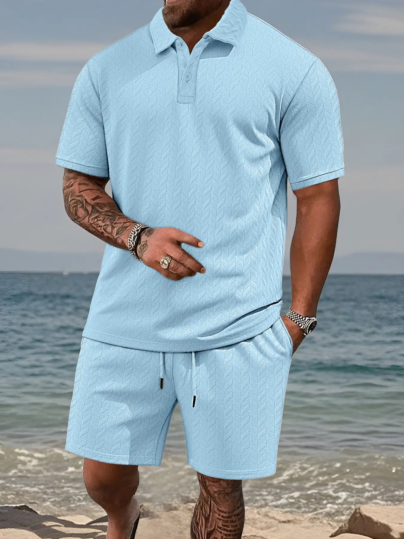 Men's Textured Polo Shirt & Drawstring Shorts Set – Breathable 2 Piece Summer Outfit for Casual, Vacation & Everyday Wear