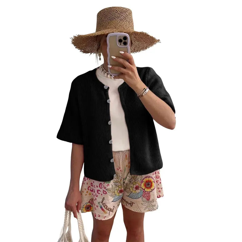 Women's Short Sleeve Knit Cardigan - Crew Neck Button Down Lightweight Ribbed Summer Layering Top