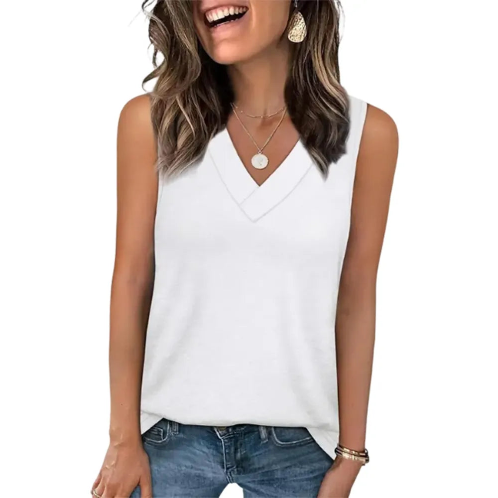 Women's Summer V-Neck Tank Top – Loose Fit, Sleeveless, Basic Tee