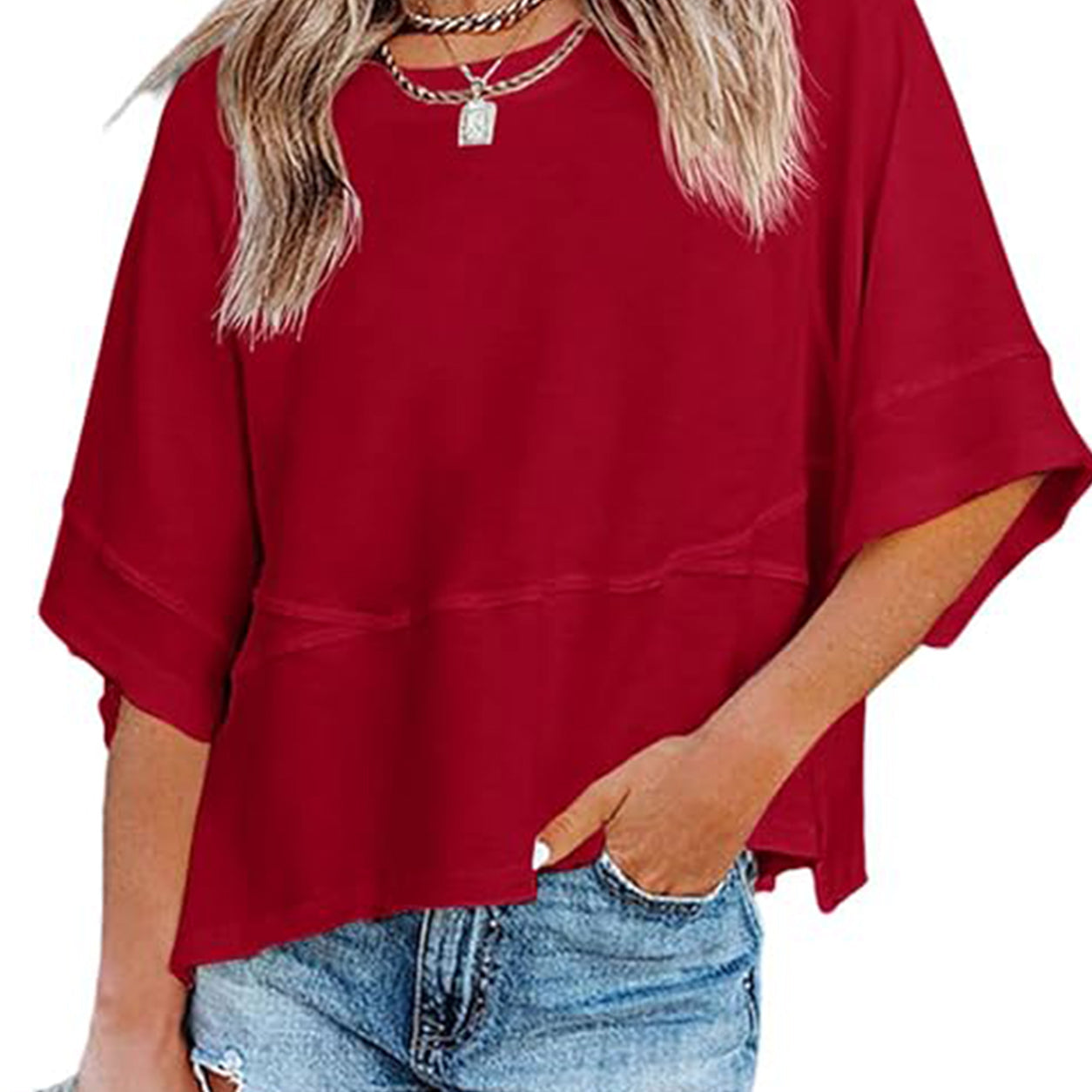 Women's Batwing Sleeve Top ✨ Loose Fit 3/4 Sleeve Flowy Boho Casual Tee