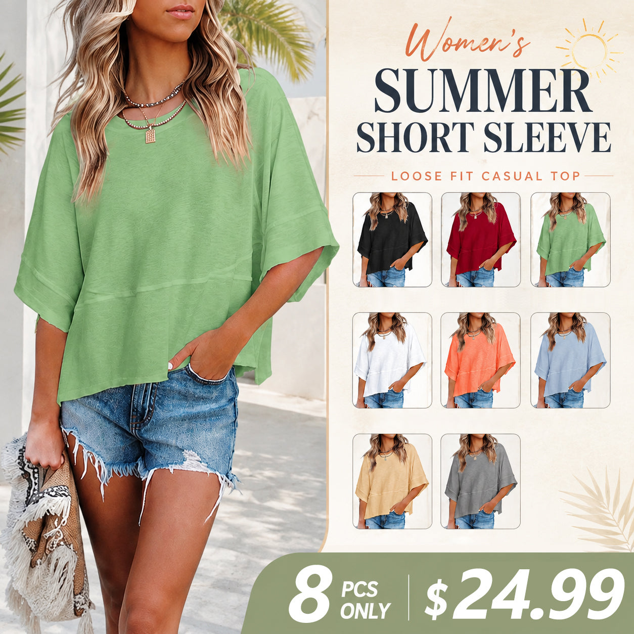 Women's Batwing Sleeve Top ✨ Loose Fit 3/4 Sleeve Flowy Boho Casual Tee