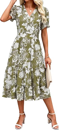 Summer Dresses Midi Dress V Neck Puffy Short Sleeve Flowy Casual Vacation Beach Sundresses 2026 with Pockets