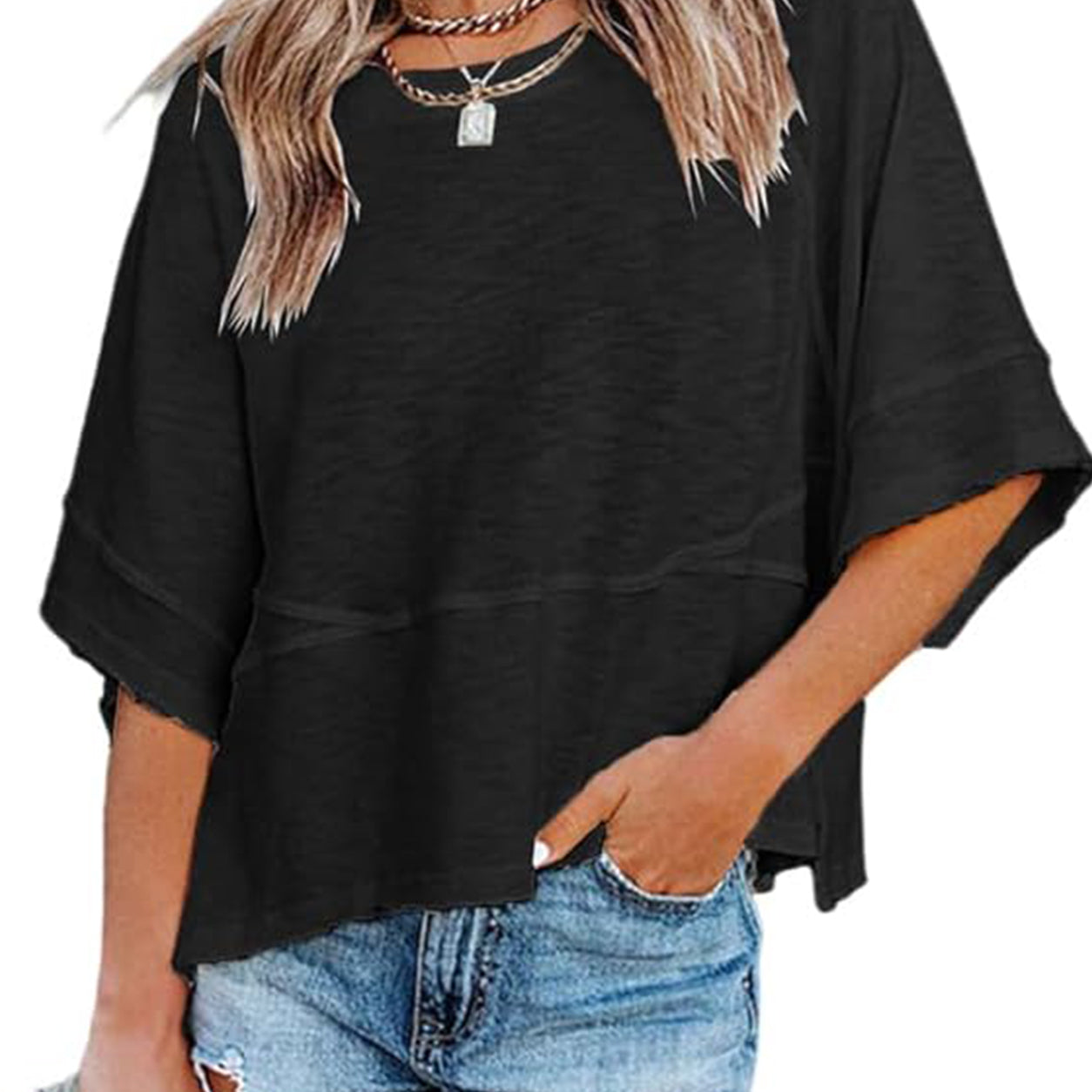 Women's Batwing Sleeve Top ✨ Loose Fit 3/4 Sleeve Flowy Boho Casual Tee