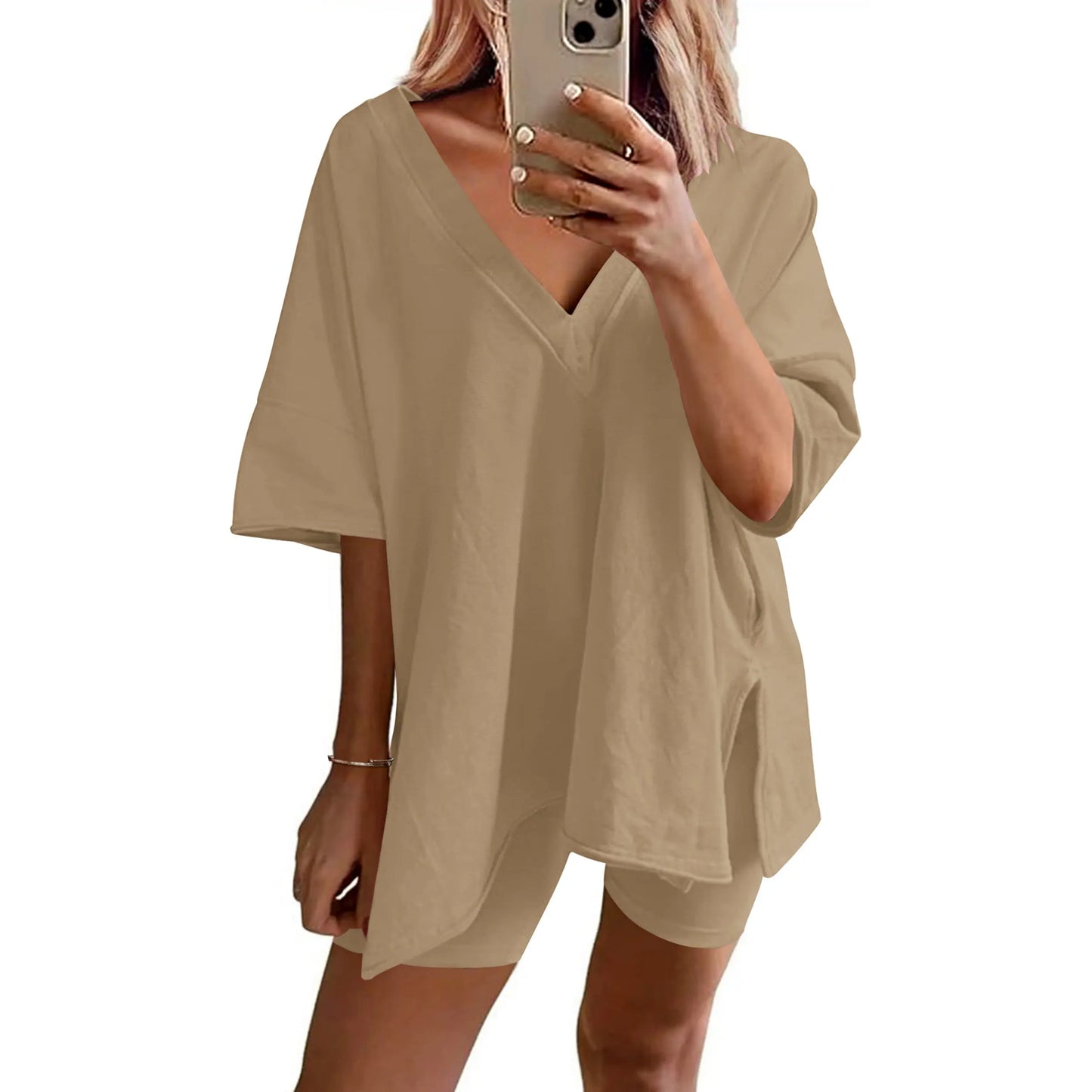 Women's Oversized V-Neck Lounge Set, Soft 2 Piece Pajama Set with Biker Shorts, Casual Summer Matching Outfit for Home & Travel