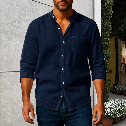 Men's Linen Long Sleeve Stand Collar Shirt