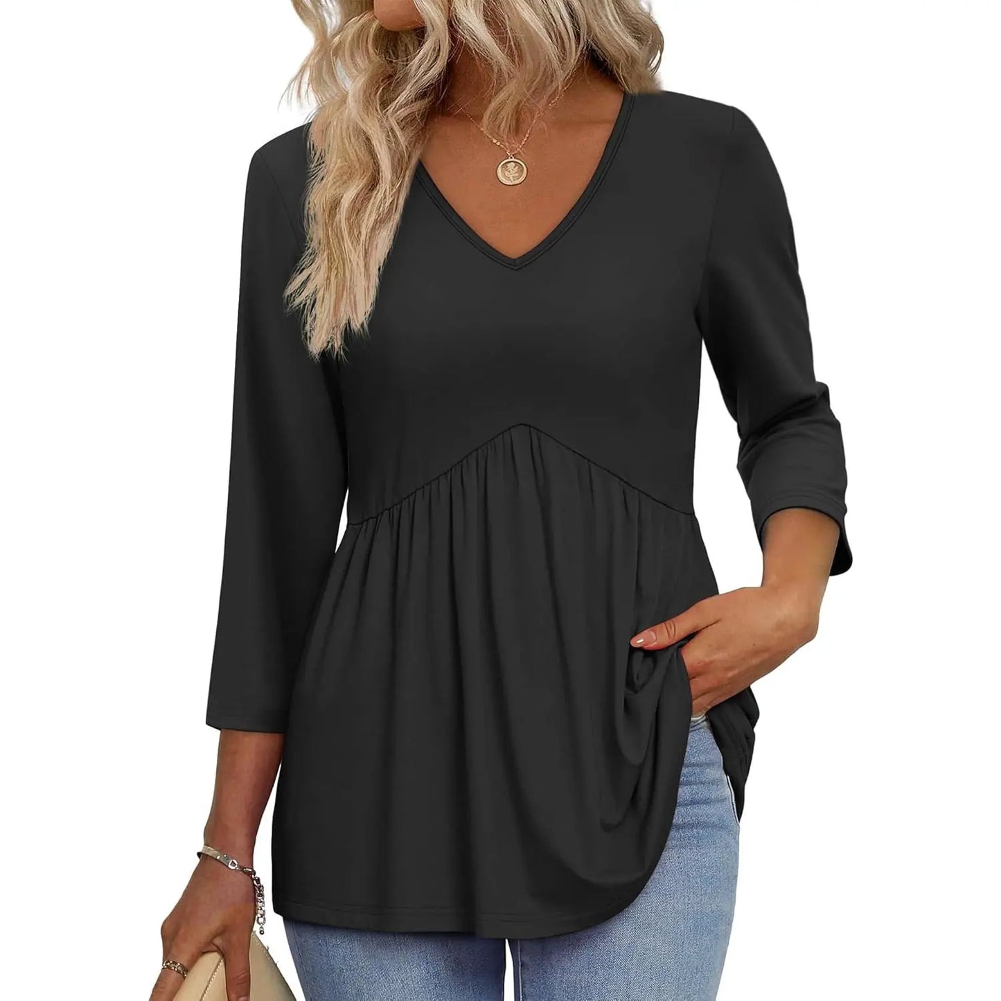 Women’s V-Neck 3/4 Sleeve Tunic Top – Flowy Dressy Casual Blouse