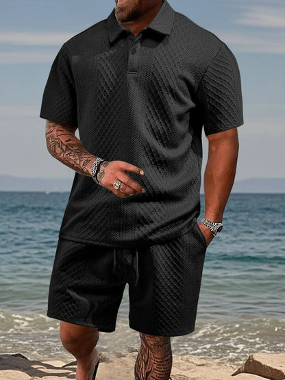 Men's Textured Polo Shirt & Drawstring Shorts Set – Breathable 2 Piece Summer Outfit for Casual, Vacation & Everyday Wear