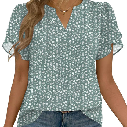 Women’s Floral Chiffon Blouse – Lightweight V-Neck Petal Sleeve Top for Work, Casual & Everyday Wear