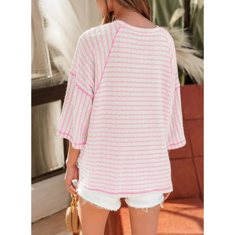 Women’s Oversized Striped Color Block Tee – Soft Summer Short Sleeve Casual Top