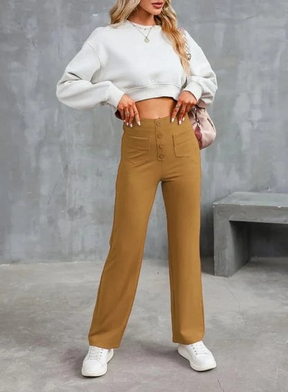Women’s High-Waisted Stretch Pants – Comfortable Straight-Leg Pants with Pockets