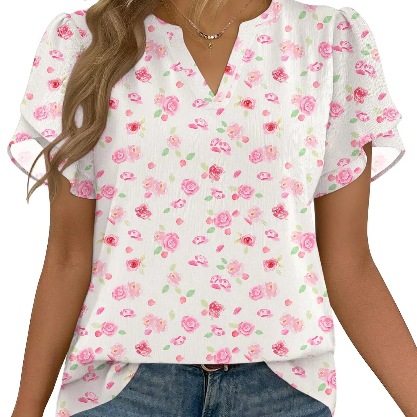 Women’s Floral Chiffon Blouse – Lightweight V-Neck Petal Sleeve Top for Work, Casual & Everyday Wear