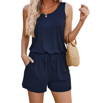 Women's Summer Sleeveless Romper Casual Scoop Neck Tank Short Jumpsuit with Pockets
