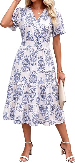 Summer Dresses Midi Dress V Neck Puffy Short Sleeve Flowy Casual Vacation Beach Sundresses 2026 with Pockets