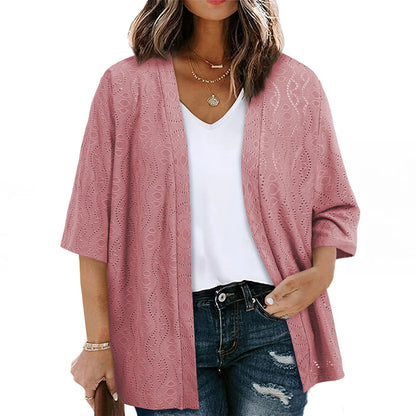 Women's Lightweight Crochet Kimono Cardigan – Open Front Half Sleeve Summer Beach Cover Up