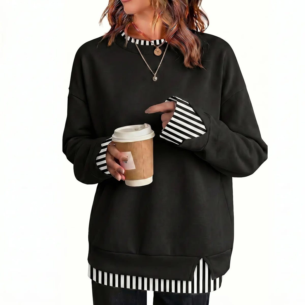 Women's Loose Fit Faux Two-Piece Crewneck Sweatshirt – Casual Layered Look Pullover