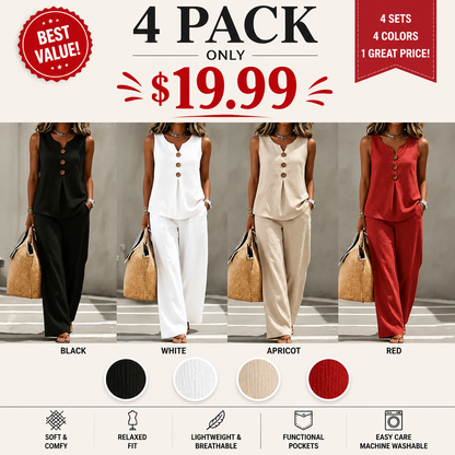 🌿Women's Natural Linen-Blend Sleeveless Button Top and Loose Pants Set