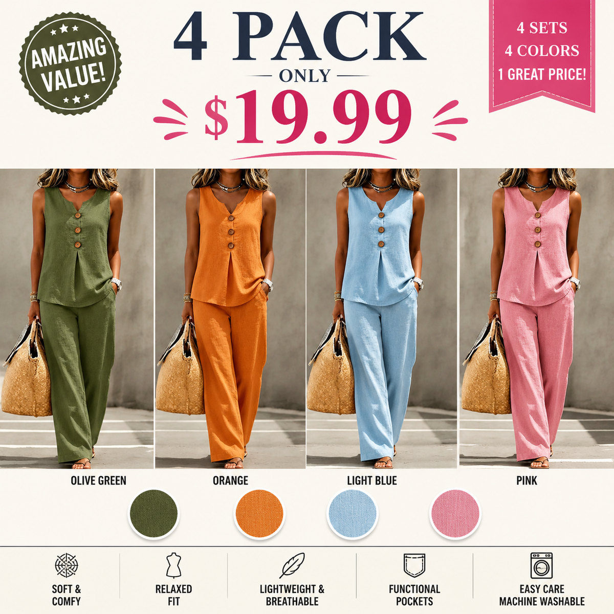 🌿Women's Natural Linen-Blend Sleeveless Button Top and Loose Pants Set