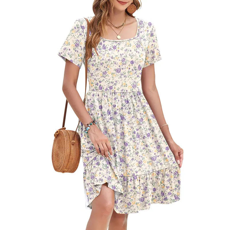 Women Square Neck Ditsy Floral Dress, Ruffle Empire Waist A-Line Sundress With Pockets