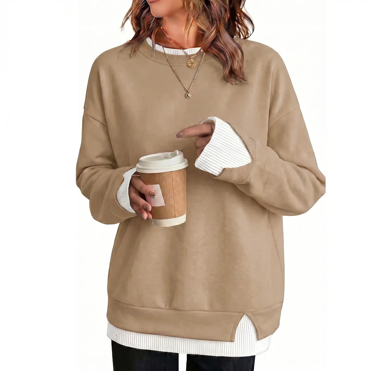Women's Loose Fit Faux Two-Piece Crewneck Sweatshirt – Casual Layered Look Pullover