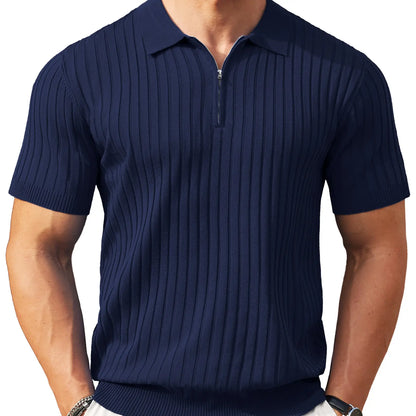 Men's Ribbed Knit 1/4 Zip Polo Shirt – Short Sleeve Casual Golf Sweater Polo for Business Casual, Travel & Everyday Wear