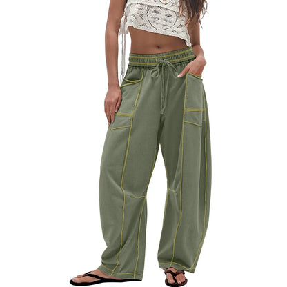 Women’s Baggy Barrel-Leg Lounge Pants – Wide Leg, Drawstring Waist & Pockets
