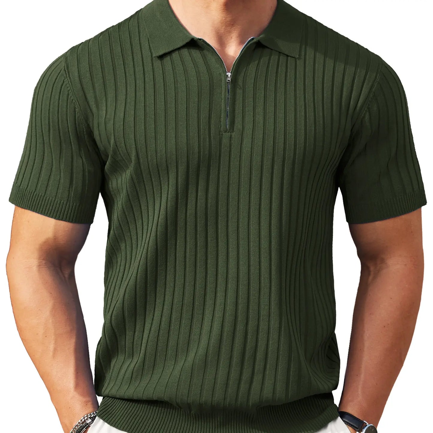 Men's Ribbed Knit 1/4 Zip Polo Shirt – Short Sleeve Casual Golf Sweater Polo for Business Casual, Travel & Everyday Wear